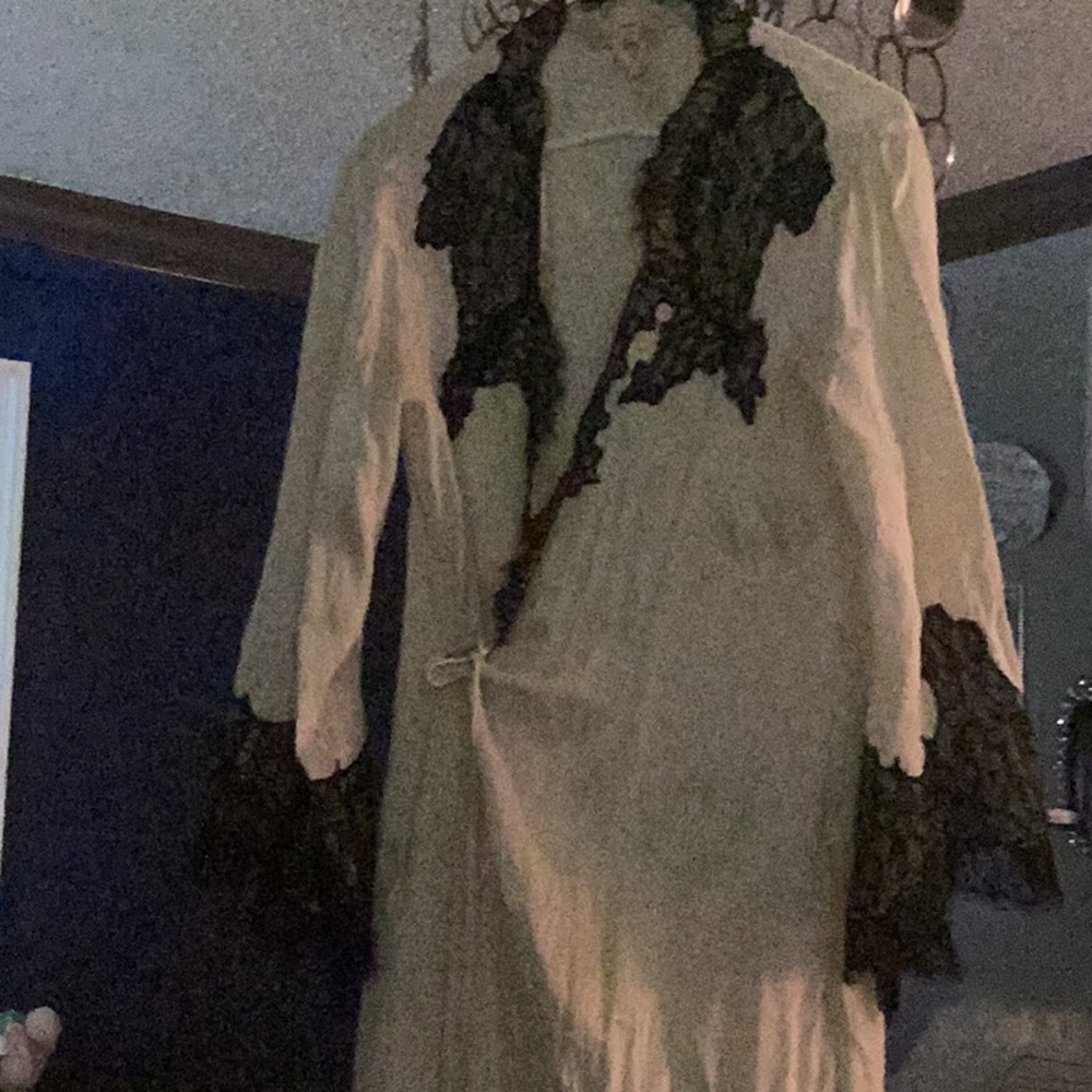 Elegant White Robe with Black Lace Accents